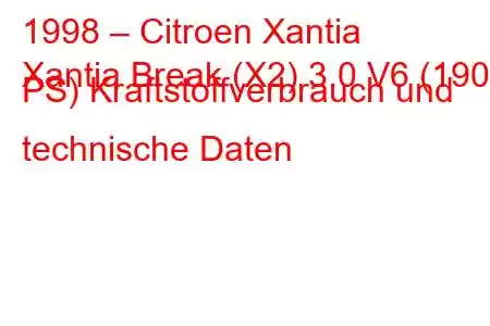 1998 – Citroen Xantia
Xantia Break (X2) 3.0 V6 (190 PS) Kraftstoffverbrauch und technische Daten