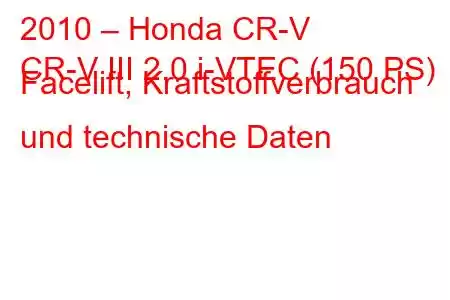 2010 – Honda CR-V
CR-V III 2.0 i-VTEC (150 PS) Facelift, Kraftstoffverbrauch und technische Daten