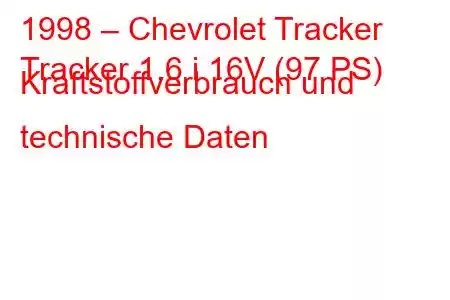 1998 – Chevrolet Tracker
Tracker 1.6 i 16V (97 PS) Kraftstoffverbrauch und technische Daten