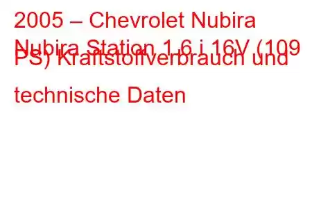 2005 – Chevrolet Nubira
Nubira Station 1.6 i 16V (109 PS) Kraftstoffverbrauch und technische Daten