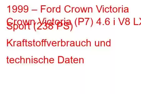 1999 – Ford Crown Victoria
Crown Victoria (P7) 4.6 i V8 LX Sport (238 PS) Kraftstoffverbrauch und technische Daten