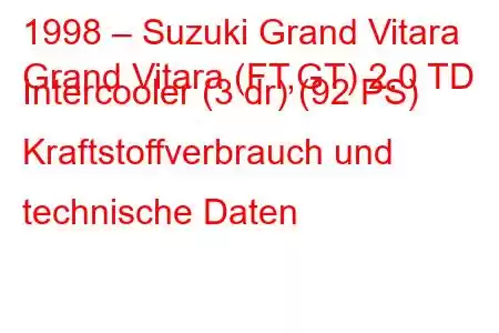 1998 – Suzuki Grand Vitara
Grand Vitara (FT,GT) 2.0 TD Intercooler (3 dr) (92 PS) Kraftstoffverbrauch und technische Daten