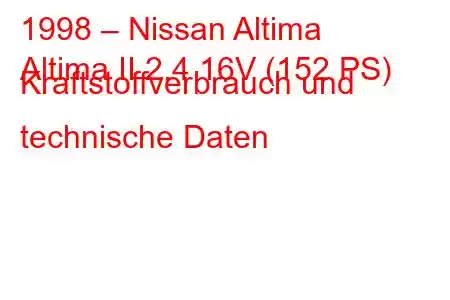 1998 – Nissan Altima
Altima II 2.4 16V (152 PS) Kraftstoffverbrauch und technische Daten