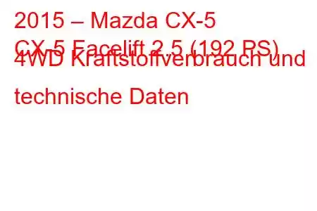 2015 – Mazda CX-5
CX-5 Facelift 2.5 (192 PS) 4WD Kraftstoffverbrauch und technische Daten