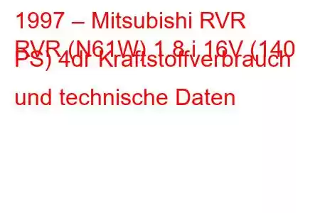 1997 – Mitsubishi RVR
RVR (N61W) 1.8 i 16V (140 PS) 4dr Kraftstoffverbrauch und technische Daten