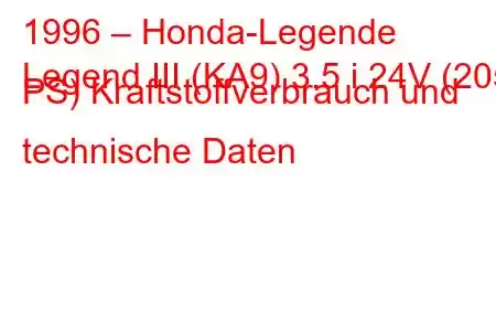 1996 – Honda-Legende
Legend III (KA9) 3.5 i 24V (205 PS) Kraftstoffverbrauch und technische Daten