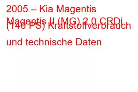 2005 – Kia Magentis
Magentis II (MG) 2.0 CRDi (140 PS) Kraftstoffverbrauch und technische Daten