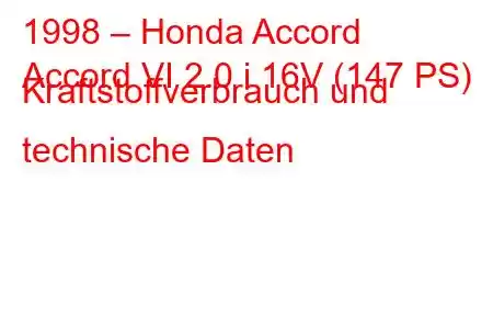 1998 – Honda Accord
Accord VI 2.0 i 16V (147 PS) Kraftstoffverbrauch und technische Daten