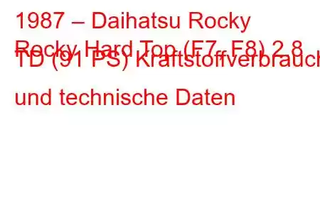 1987 – Daihatsu Rocky
Rocky Hard Top (F7, F8) 2.8 TD (91 PS) Kraftstoffverbrauch und technische Daten