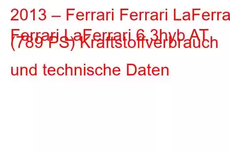 2013 – Ferrari Ferrari LaFerrari
Ferrari LaFerrari 6.3hyb AT (789 PS) Kraftstoffverbrauch und technische Daten