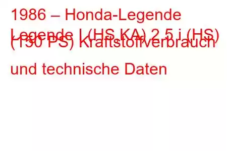 1986 – Honda-Legende
Legende I (HS,KA) 2.5 i (HS) (150 PS) Kraftstoffverbrauch und technische Daten