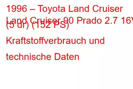 1996 – Toyota Land Cruiser
Land Cruiser 90 Prado 2.7 16V (5 dr) (152 PS) Kraftstoffverbrauch und technische Daten