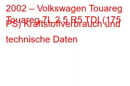 2002 – Volkswagen Touareg
Touareg 7L 2.5 R5 TDI (175 PS) Kraftstoffverbrauch und technische Daten