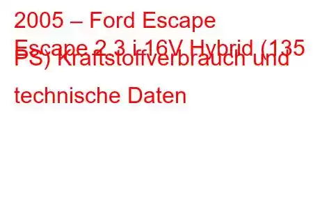 2005 – Ford Escape
Escape 2.3 i 16V Hybrid (135 PS) Kraftstoffverbrauch und technische Daten