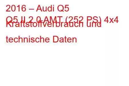 2016 – Audi Q5
Q5 II 2.0 AMT (252 PS) 4x4 Kraftstoffverbrauch und technische Daten