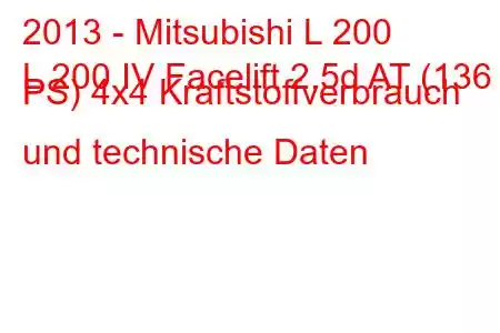 2013 - Mitsubishi L 200
L 200 IV Facelift 2.5d AT (136 PS) 4x4 Kraftstoffverbrauch und technische Daten