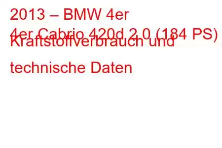 2013 – BMW 4er
4er Cabrio 420d 2.0 (184 PS) Kraftstoffverbrauch und technische Daten