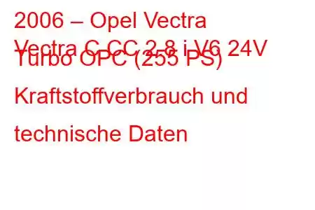 2006 – Opel Vectra
Vectra C CC 2.8 i V6 24V Turbo OPC (255 PS) Kraftstoffverbrauch und technische Daten