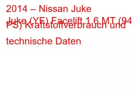 2014 – Nissan Juke
Juke (YF) Facelift 1,6 MT (94 PS) Kraftstoffverbrauch und technische Daten