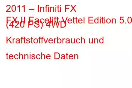 2011 – Infiniti FX
FX II Facelift Vettel Edition 5.0 (420 PS) 4WD Kraftstoffverbrauch und technische Daten