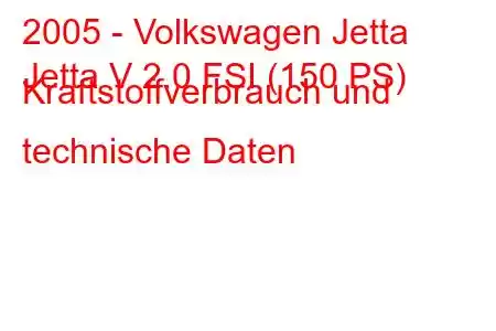 2005 - Volkswagen Jetta
Jetta V 2.0 FSI (150 PS) Kraftstoffverbrauch und technische Daten