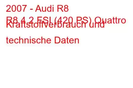 2007 - Audi R8
R8 4.2 FSI (420 PS) Quattro Kraftstoffverbrauch und technische Daten