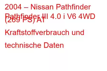 2004 – Nissan Pathfinder
Pathfinder III 4.0 i V6 4WD (269 PS) AT Kraftstoffverbrauch und technische Daten