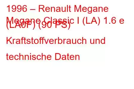 1996 – Renault Megane
Megane Classic I (LA) 1.6 e (LA0F) (90 PS) Kraftstoffverbrauch und technische Daten