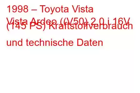 1998 – Toyota Vista
Vista Ardeo ((V50) 2.0 i 16V (145 PS) Kraftstoffverbrauch und technische Daten