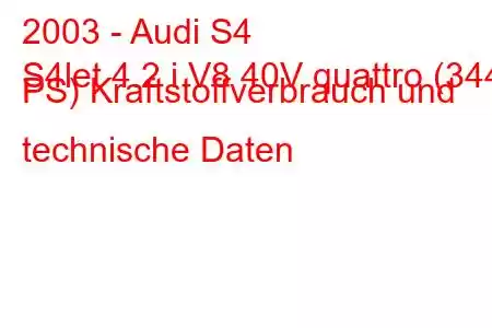 2003 - Audi S4
S4let 4.2 i V8 40V quattro (344 PS) Kraftstoffverbrauch und technische Daten