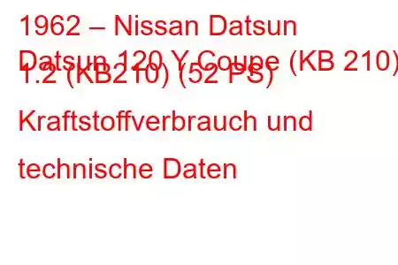 1962 – Nissan Datsun
Datsun 120 Y Coupe (KB 210) 1.2 (KB210) (52 PS) Kraftstoffverbrauch und technische Daten