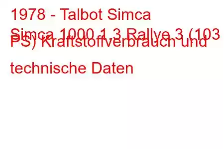 1978 - Talbot Simca
Simca 1000 1.3 Rallye 3 (103 PS) Kraftstoffverbrauch und technische Daten