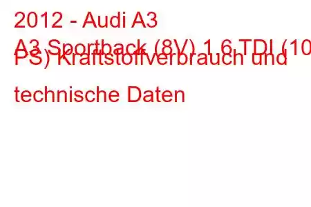 2012 - Audi A3
A3 Sportback (8V) 1.6 TDI (105 PS) Kraftstoffverbrauch und technische Daten