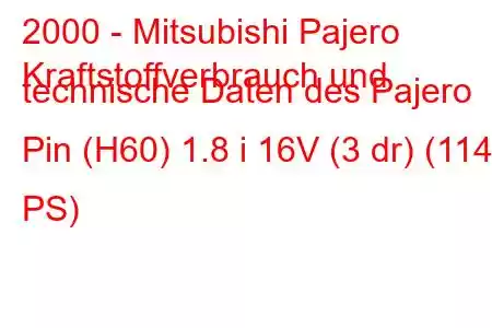 2000 - Mitsubishi Pajero
Kraftstoffverbrauch und technische Daten des Pajero Pin (H60) 1.8 i 16V (3 dr) (114 PS)