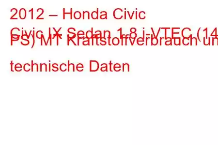 2012 – Honda Civic
Civic IX Sedan 1.8 i-VTEC (142 PS) MT Kraftstoffverbrauch und technische Daten