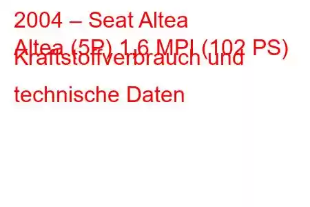 2004 – Seat Altea
Altea (5P) 1,6 MPI (102 PS) Kraftstoffverbrauch und technische Daten