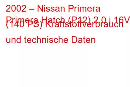 2002 – Nissan Primera
Primera Hatch (P12) 2.0 i 16V (140 PS) Kraftstoffverbrauch und technische Daten