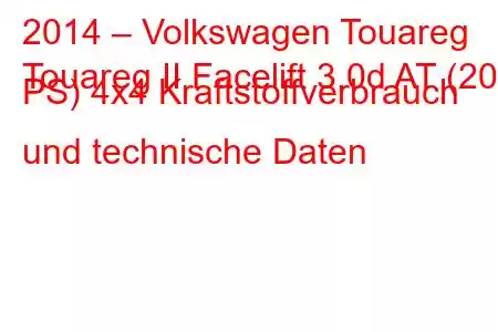 2014 – Volkswagen Touareg
Touareg II Facelift 3.0d AT (204 PS) 4x4 Kraftstoffverbrauch und technische Daten