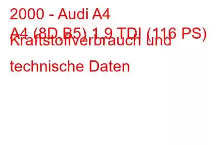 2000 - Audi A4
A4 (8D,B5) 1.9 TDI (116 PS) Kraftstoffverbrauch und technische Daten