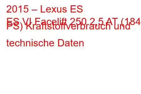 2015 – Lexus ES
ES VI Facelift 250 2,5 AT (184 PS) Kraftstoffverbrauch und technische Daten