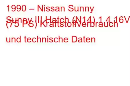 1990 – Nissan Sunny
Sunny III Hatch (N14) 1.4 16V (75 PS) Kraftstoffverbrauch und technische Daten