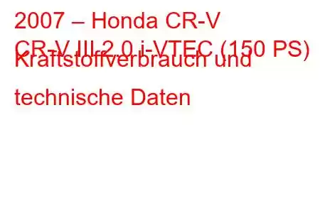 2007 – Honda CR-V
CR-V III 2.0 i-VTEC (150 PS) Kraftstoffverbrauch und technische Daten