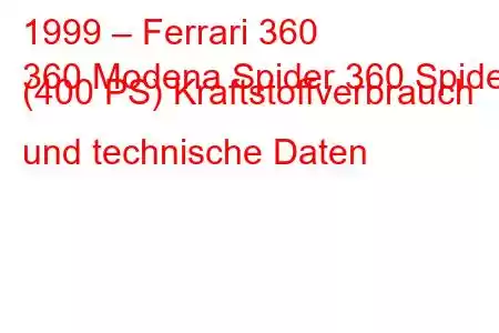 1999 – Ferrari 360
360 Modena Spider 360 Spider (400 PS) Kraftstoffverbrauch und technische Daten