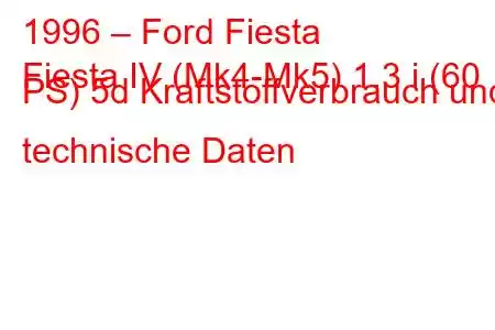 1996 – Ford Fiesta
Fiesta IV (Mk4-Mk5) 1.3 i (60 PS) 5d Kraftstoffverbrauch und technische Daten