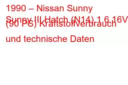 1990 – Nissan Sunny
Sunny III Hatch (N14) 1.6 16V (90 PS) Kraftstoffverbrauch und technische Daten