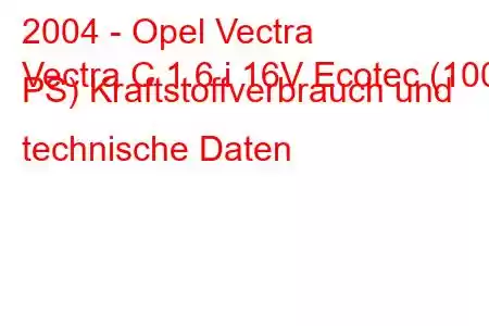 2004 - Opel Vectra
Vectra C 1.6 i 16V Ecotec (100 PS) Kraftstoffverbrauch und technische Daten