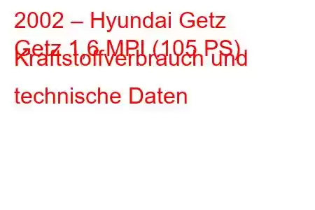 2002 – Hyundai Getz
Getz 1,6 MPI (105 PS) Kraftstoffverbrauch und technische Daten