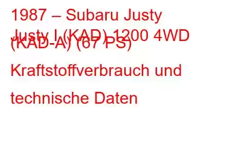 1987 – Subaru Justy
Justy I (KAD) 1200 4WD (KAD-A) (67 PS) Kraftstoffverbrauch und technische Daten