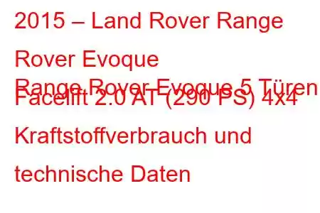 2015 – Land Rover Range Rover Evoque
Range Rover Evoque 5 Türen Facelift 2.0 AT (290 PS) 4x4 Kraftstoffverbrauch und technische Daten