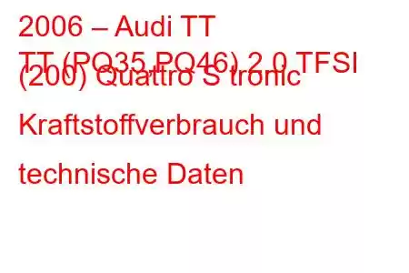 2006 – Audi TT
TT (PQ35,PQ46) 2.0 TFSI (200) Quattro S tronic Kraftstoffverbrauch und technische Daten